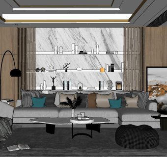 16现代轻奢客厅，沙发茶几单人沙发su草图模型下载