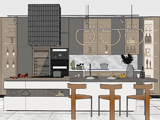 现代<em>开放</em>式厨房，橱柜，中岛吧椅su草图模型下载