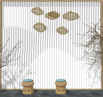 新中式山脉造型格栅，云朵网格吊灯花瓶，琵琶背景墙