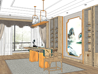 新中式茶室，书房<em>茶桌</em>椅吊灯书柜