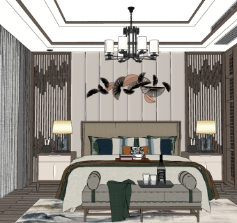 现代卧室，双人床，床头柜床尾凳榻