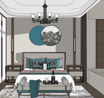 新中式轻奢新中式卧室， su草图模型下载