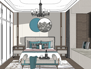 新中式轻奢新中式卧室， su草图模型下载