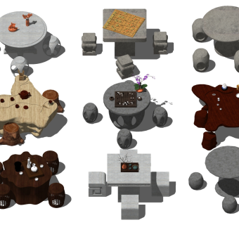 中式户外石头桌椅根雕 su草图模型下载