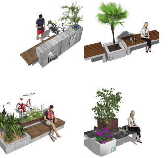 户外休闲座椅，休闲坐凳，公共座椅人物自行车花池 su草图模型下载