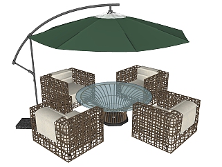 27现代铁艺休闲桌椅，遮阳伞组合 su草图模型下载