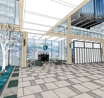 新中式办公酒店会所大堂大厅，荷花池水景，干枝
