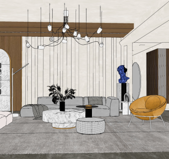 现代客厅，沙发单人沙发