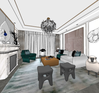 现代欧式轻奢法式客厅su草图模型下载