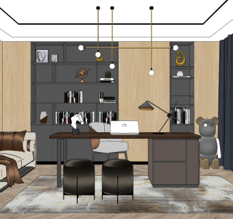 现代书房，书桌椅，公仔，卧榻贵妃榻贵妃椅