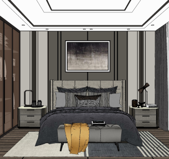 现代卧室，双人床，床头柜