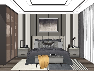 现代卧室，双人床，床头柜