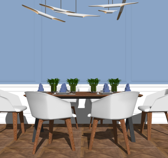 北欧餐厅，餐桌椅su草图模型下载