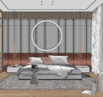 现代主人房卧室，双人床衣柜