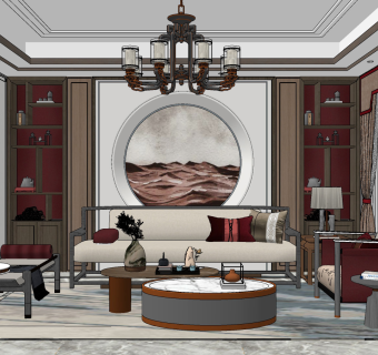 新中式客厅su草图模型下载