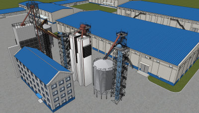 现代粮库厂房鸟瞰su草图模型下载