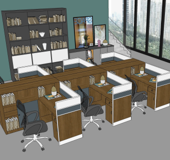 现代开敞办公办公桌椅，员工工位，文件柜