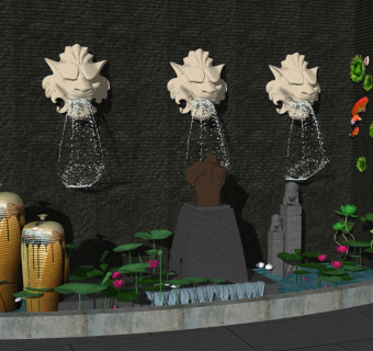 狮子头景观小品喷泉摆件荷花金鱼陶罐组合ID：18770su草图模型下载