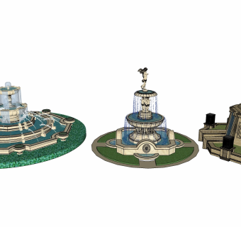 05欧式风格室外喷泉，水池水景su草图模型下载