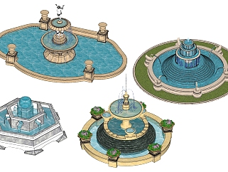 11欧式风格室外喷泉， su草图模型下载