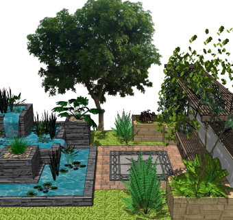 17新中式景观庭院水景水池 su草图模型下载