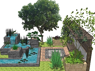 17新中式景观庭院水景水池 su草图模型下载