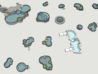 18温泉造型泡池水池，水景合集 su草图模型下载