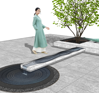 24现代新中式水景雕塑树池人物 su草图模型下载