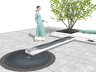 24现代新中式水景雕塑树池人物 su草图模型下载