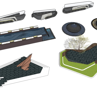 26现代水景喷泉雕塑 su草图模型下载