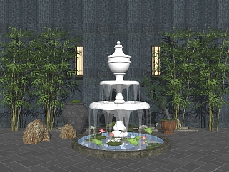 29<em>新中式喷泉</em>植物竹子，su草图模型下载