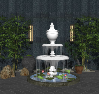 29新中式喷泉植物竹子， su草图模型下载