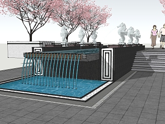 新中式海马造型水景水池喷泉枫叶树I su草图模型下载