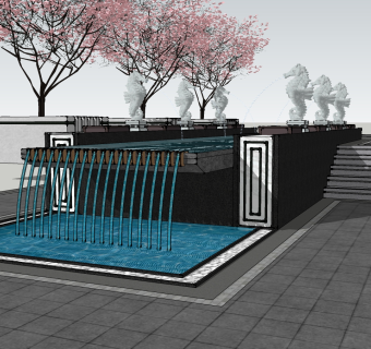 新中式海马造型水景水池喷泉枫叶树I su草图模型下载