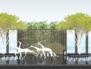 31中式景墙，麋鹿，<em>小鹿</em>造型水景 su草图模型下载