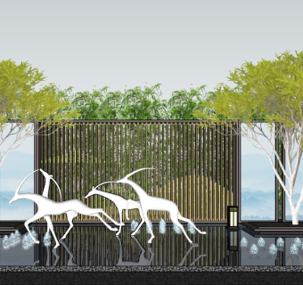 31中式景墙，麋鹿，小鹿造型水景 su草图模型下载