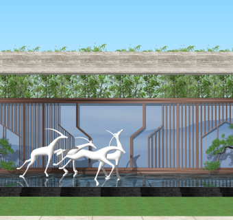 32中式景墙，麋鹿，小鹿造型水景， su草图模型下载