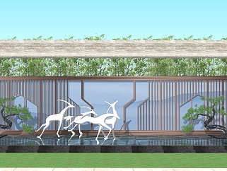 32中式景墙，麋鹿，小鹿造型水景， su草图模型下载
