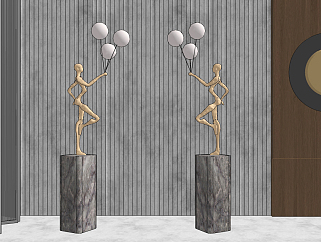 现代抽象金属小人人物雕塑，摆台摆件落地灯su草图模型下载