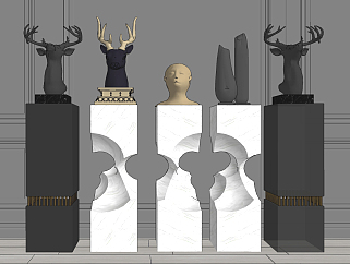 现代<em>鹿头</em>，人物头像雕塑，雕像摆台su草图模型下载