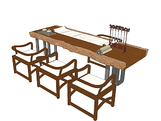 中式实木原木大板，书桌椅笔架，画案，卷轴画su草图模型下载