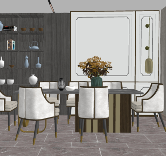 新中式餐厅，餐桌椅su草图模型下载