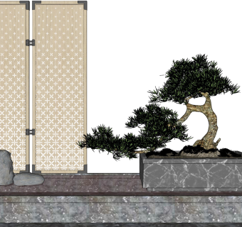 新中式迎客松盆景水景，景观小品su草图模型下载