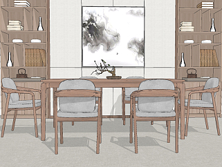 新中式方形餐桌椅，<em>椅子书柜</em>su草图模型下载
