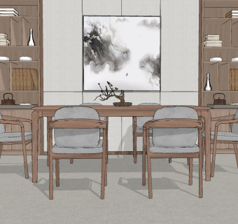 新中式方形餐桌椅，椅子书柜su草图模型下载