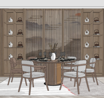 新中式圆形餐桌椅画格门扇su草图模型下载