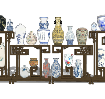 新中式陶瓷，青花瓷，器皿，鱼缸摆件su草图模型下载