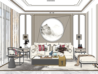 新中式客厅，沙发茶几摆件su草图模型下载