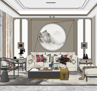 新中式客厅，沙发茶几摆件su草图模型下载