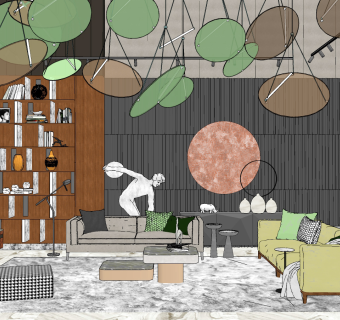 现代客厅su草图模型下载